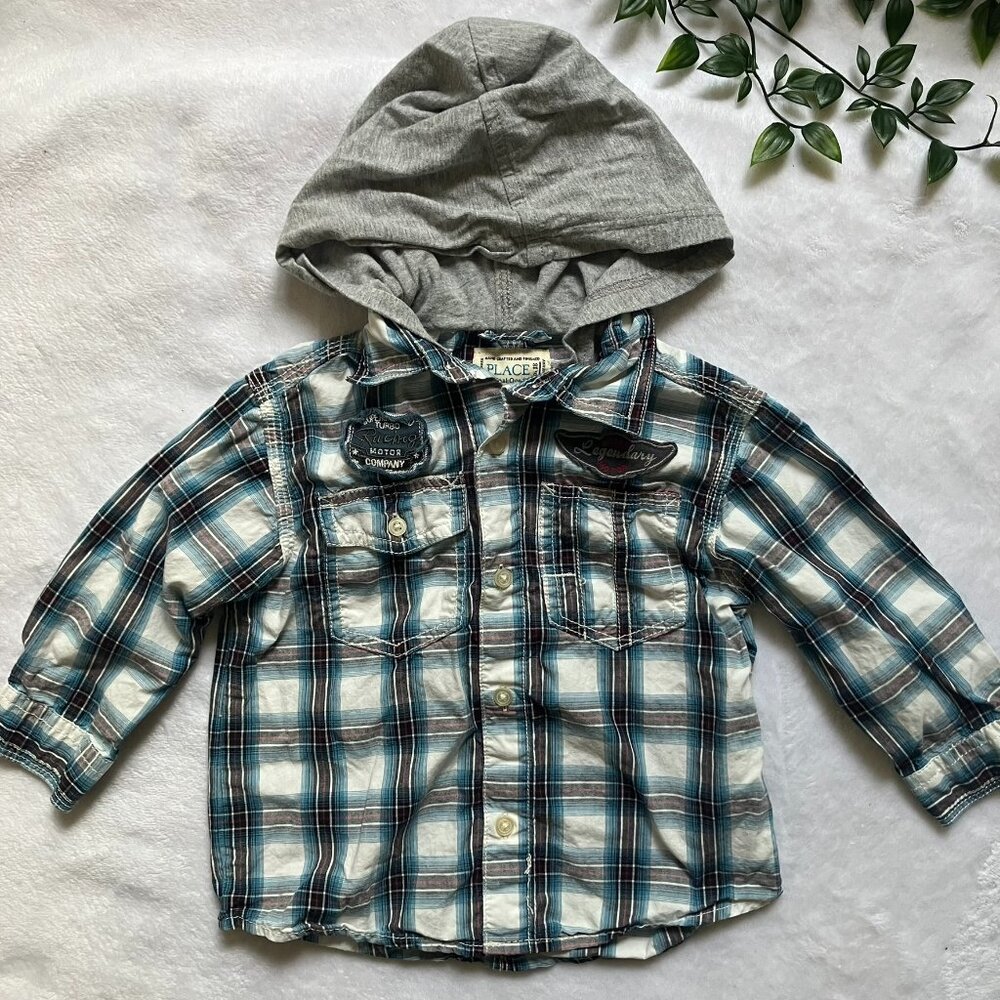 The Children’s Place 18M Toddler Plaid Hooded Shirt Teal Button Front